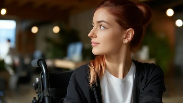 Caucasian female young adult with red hair smiling in modern office setting
