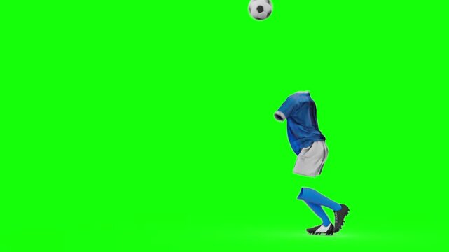 3D animation of an invisible soccer player uniform kicking a football on a green screen. Floating phantom jersey and kit doing sports tricks for promo and logo reveal.