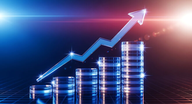Rising blue glowing financial arrow graph showing stock market growth over transparent glass coin stacks with professional lighting effects analysis investment business currency strategy