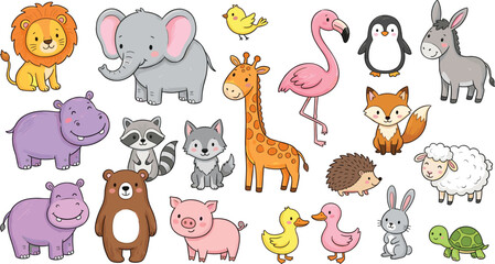 Naklejka premium Large Cute Cartoon Animal Vector Illustration Set Featuring Lion Elephant Giraffe Penguin Fox and Farm Animals for Kids Education Nursery Decor and Children Book Designs