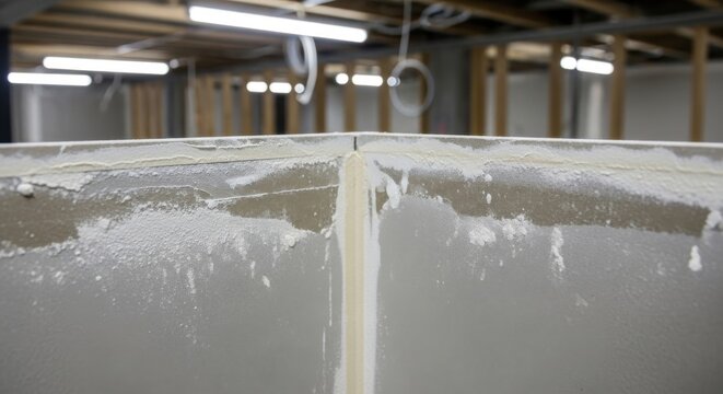 Close-up view of an unfinished drywall corner with taped joints and compound application during interior construction or renovation