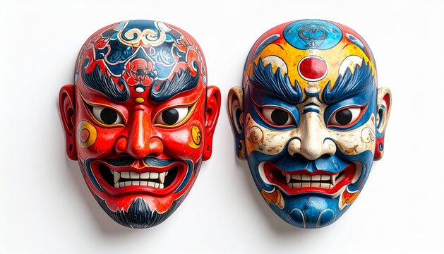 Colorful Dual Traditional Japanese Masks Isolated on White Background Ultra Realistic
