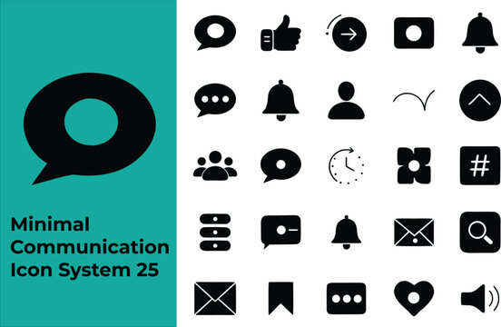 Minimal communication icon system 25 set of black vector symbols for global networking messaging and notification alerts for modern websites.