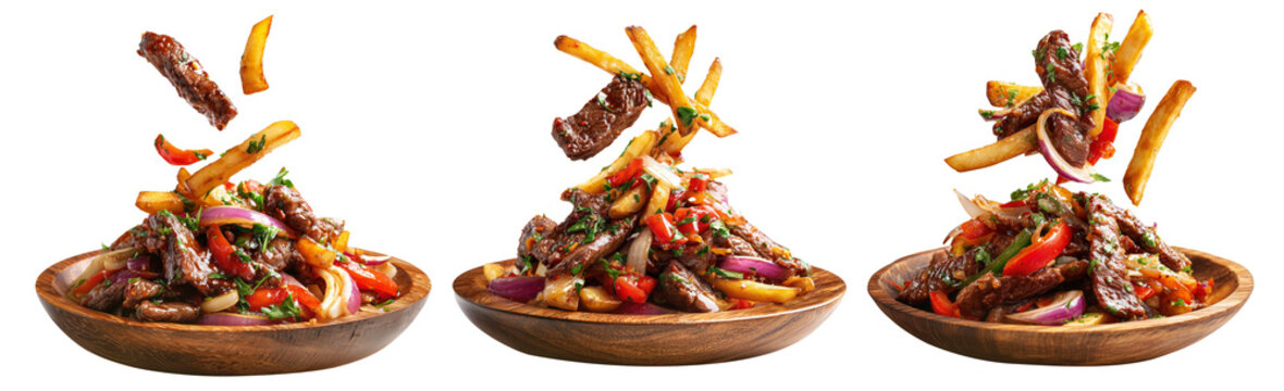 Traditional Peruvian lomo saltado with beef, red peppers, fries, and rice on wooden plate isolated on white transparent background