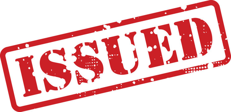 Red 'issued' stamp graphic official authorization and document validation symbol