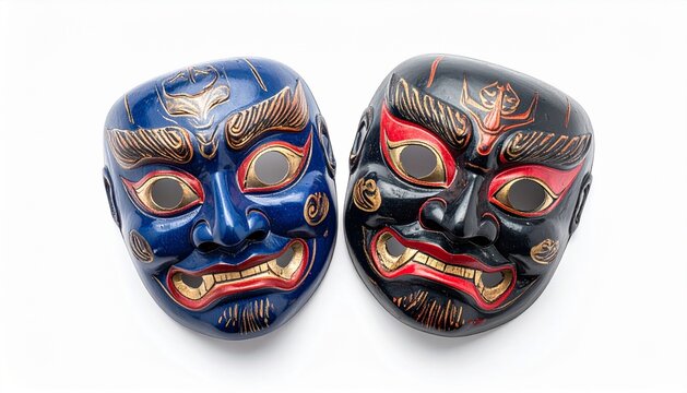 Colorful Dual Traditional Japanese Masks Isolated on White Background Ultra Realistic