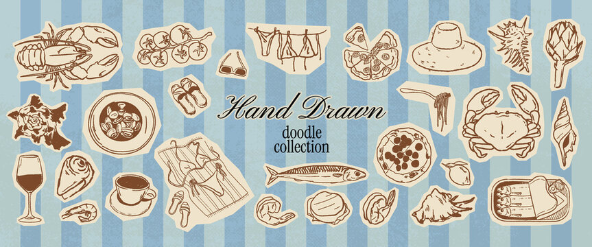 Mediterranean summer doodle brunch set with seafood, pizza, pasta and beach accessories. Hand drawn whimsical scrapbook Italian clip art for coastal vacation packaging in crayon sketch style.