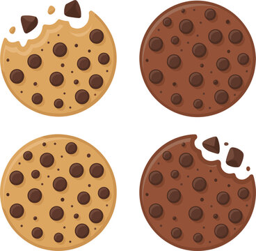 Chocolate chip cookies set with bitten pieces cartoon vector illustration, sweet bakery dessert elements