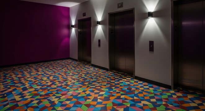 Vibrant geometric patterned tile flooring in a modern interior hallway with elevators and artistic lighting
