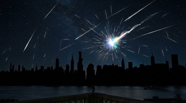 Meteor shower and bright bolide explosion over city skyline silhouette at night with light trails streaking across a starry sky above urban horizon and waterfront.