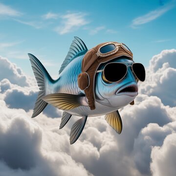 Surreal Airborne Fish Captain Wearing Pilot Uniform and Shades