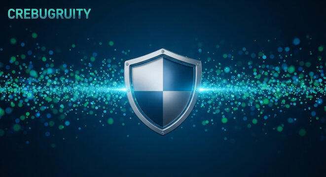 Digital cyber security shield concept with glowing network particles on blue background