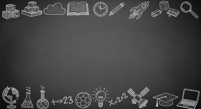 Chalkboard background with hand drawn school icons and math formulas for teachers day creative education themed border frame Teacher's Day