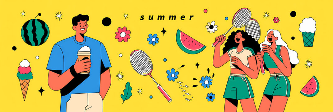 Illustration Vectorielle sur Fond Blanc de Jeunes Amis C&eacute;l&eacute;brant l'&Eacute;t&eacute; - Concept de Vacances, Style de Vie Actif et Joie Estivale