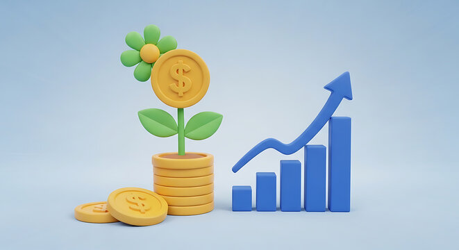 Stylized 3D rendering of a money plant growing from stacked coins alongside a rising bar chart with an arrow symbolizing financial growth and investment business economic prosperity