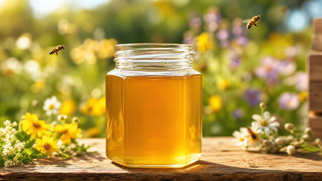 A golden jar of honey glistens in the sunlight, surrounded by vibrant flowers and buzzing bees, symbolizing nature's bounty.