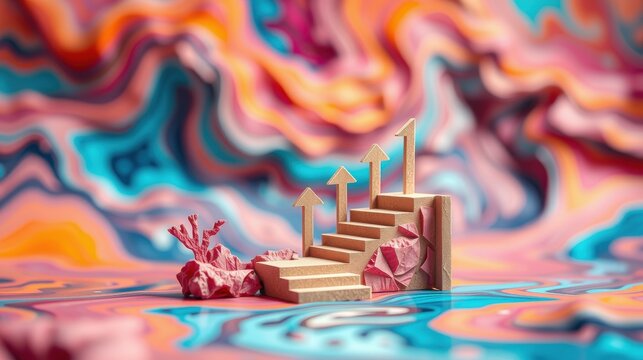 Miniature stairs ascend from colorful terrain. Pink rock formations flank wooden steps with upward arrows. Vibrant fluid background creates surreal scene.