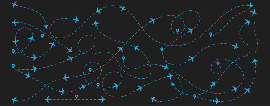 Airplane dotted line pattern background &ndash; blue flight route vector. dotted aviation routes and looping travel lines on dark backdrop. vector illustration