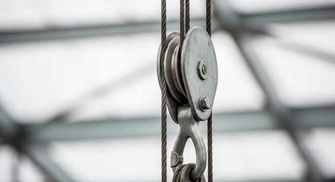 Close-up detail of a heavy-duty steel pulley system with multiple cables for industrial lifting applications