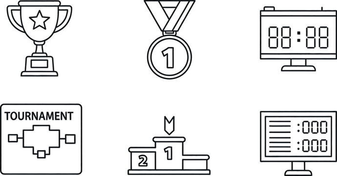 Sports tournament outline icons set with trophy, medal and scoreboard