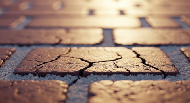 Close-up Macro Detail of Cracked Brick Surface Texture with Shallow Depth of Field