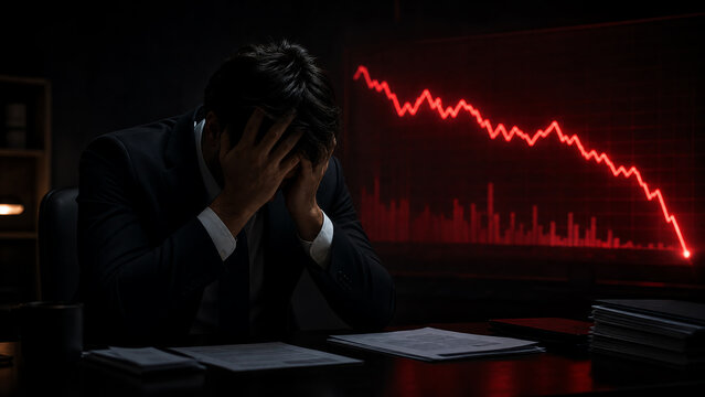A stressed businessman holds his head in despair, facing a declining graph, representing financial loss and market uncertainty.