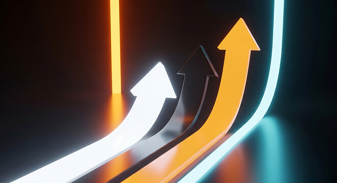 Dynamic upward arrows in white orange blue on a dark background representing progress growth multiple success paths with progress direction movement acceleration ambition opportunity achievement