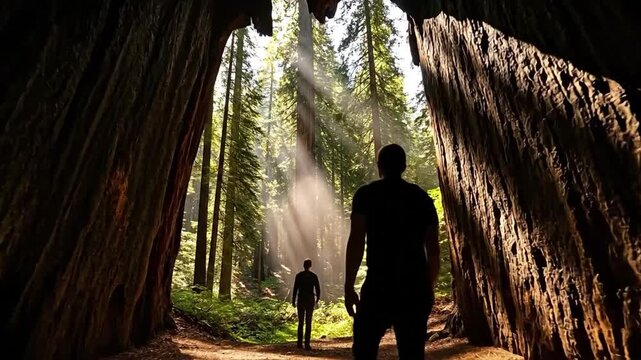 Silhouette of a man standing inside a giant hollow redwood tree looking at sunbeams in a forest, representing exploration, nature connection, and mindfulness