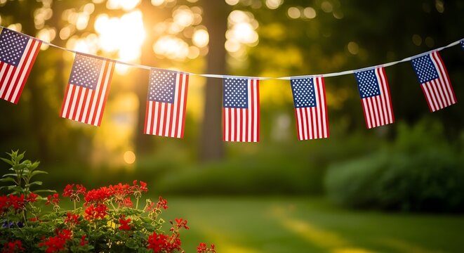 Labor Day Patriotic string of American flags hanging in a sunny garden with red geranium flowers and beautiful natural bokeh light background