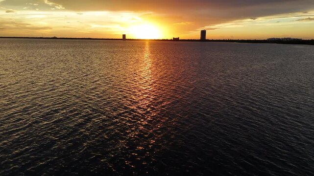 Sunset Above Caribbean Sea and Cancun, Mexico, Drone Aerial View