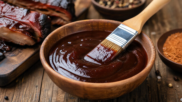 A wooden bowl filled with rich barbecue sauce and a brush ready for glazing grilled meat.