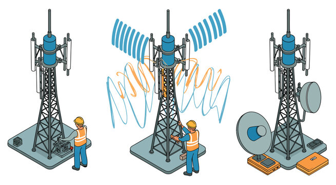 Cell towers signal transmission maintenance workers repairing telecom vector illustration