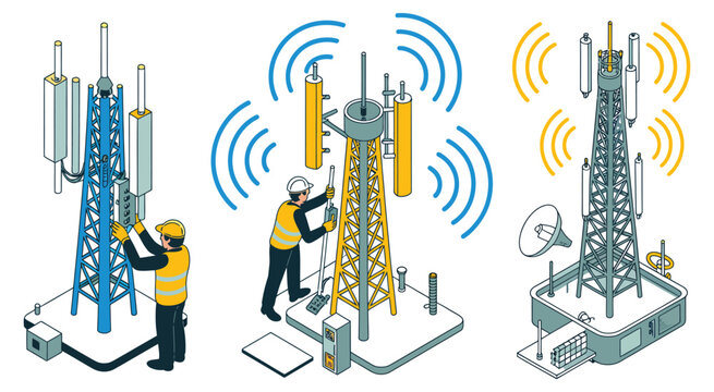 Telecommunication towers with workers repairing signal transmission vector illustration