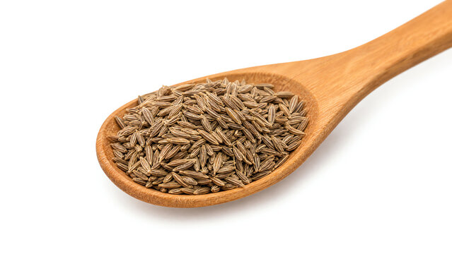 A wooden spoon holds aromatic cumin seeds, a staple spice known for its earthy flavor and culinary versatility in various dishes.