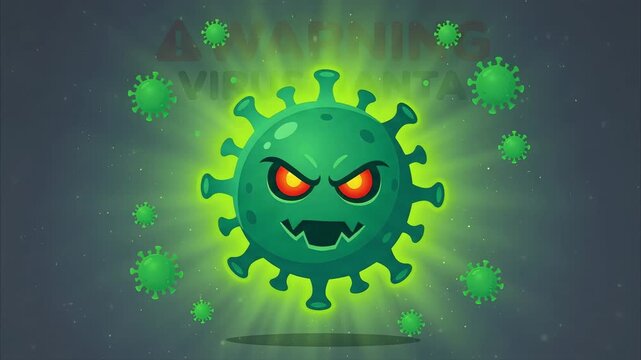Hantavirus animation concept showing a scary green pathogen character with glowing red eyes in a medical warning video clip
