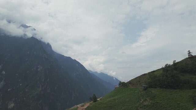 Aerial Pan of Tiger Leaping Gorge High Trail, Yunnan China Mountain Landscape