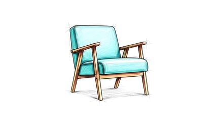 Fototapeta premium Modern Teal Armchair with Wooden Frame Isolated on White Background.