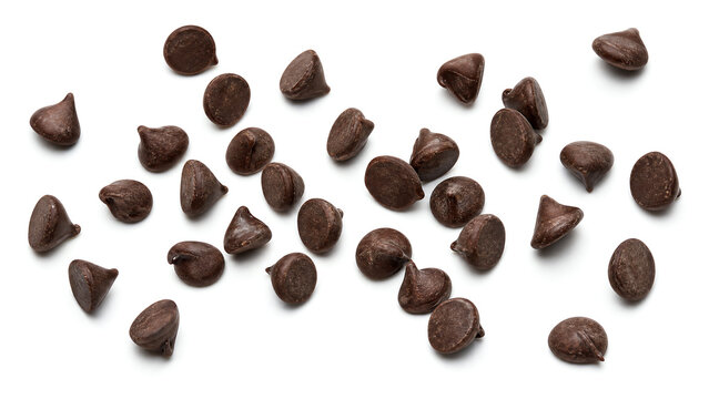 Delicious dark chocolate chips scattered on a white background. Perfect for baking, desserts, and sweet treats.