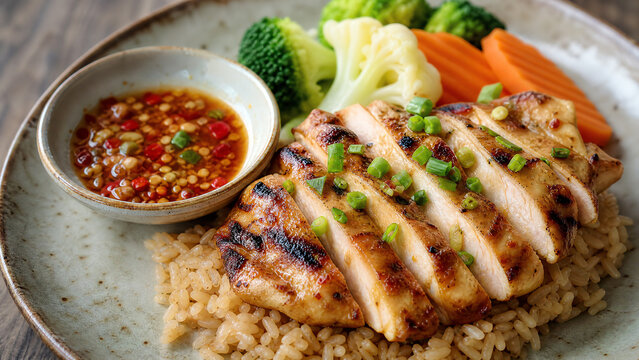 Delicious grilled chicken served with a side of fresh vegetables and spicy dipping sauce on fluffy rice.