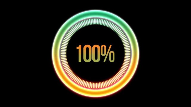 Glowing circular progress bar shifts from green to red while counting to 100 percent.