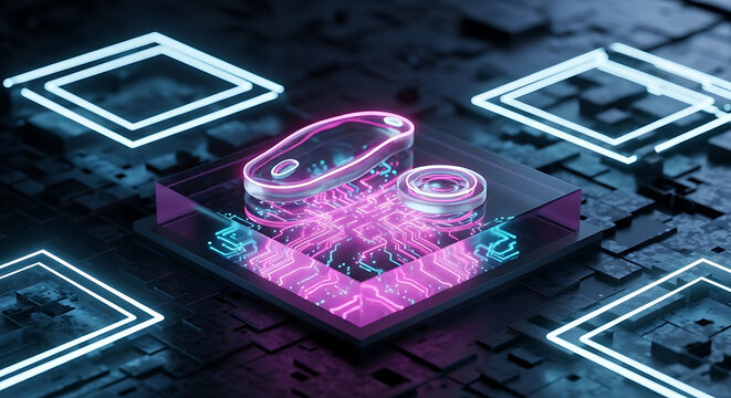 Abstract 3D rendered glowing pink and blue digital data or energy shapes on a dark circuit board background with neon light effects representing advanced technology artificial intelligence abstract