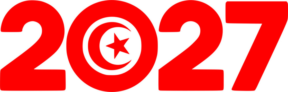 2027 bold red typography logo with Tunisian flag crescent and star symbol, modern minimalist design concept for Tunisia events, sports championships, and national celebrations