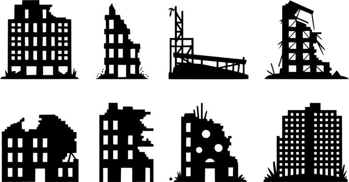 Set of 8 black silhouette destroyed ruined buildings icons, collapsed damaged urban structures and war zone abandoned architecture for disaster and apocalypse design concepts