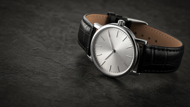 Elegant silver watch with a black leather strap resting on a dark textured surface, showcasing timeless design and craftsmanship.