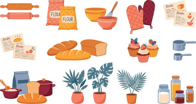 Baking equipment and food items are featured in a vector illustration set.