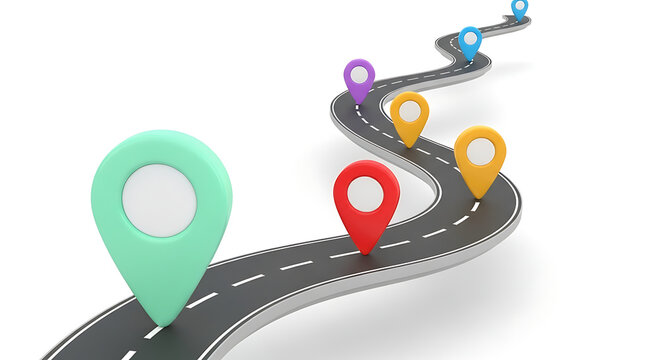 3D render of a winding road with multiple colorful location pin markers illustrating a journey or route planning concept map pins navigation location destination direction progress waypoint