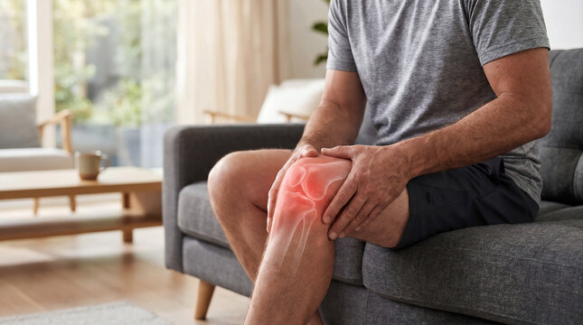 Man suffering from knee pain sitting on sofa with highlighted joint inflammation concept