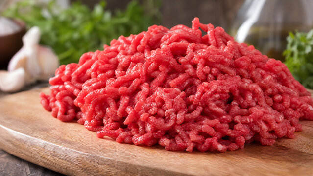 Fresh ground meat on a wooden board, ideal for cooking delicious meals. Perfect ingredient for burgers and meatballs.