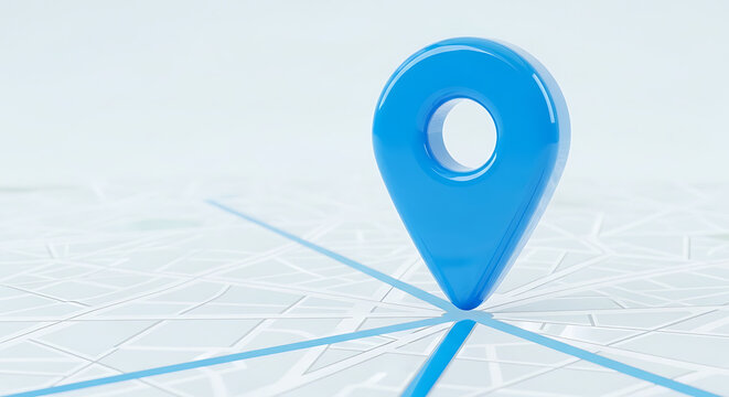 3D render of a single blue location pin marker on a light blue gridded map background indicating a point of interest or destination with location navigation destination position coordinates