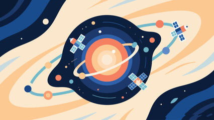 Illustration Of A Galaxy With Orbiting Geometric Satellites Vector Design Template © Princess